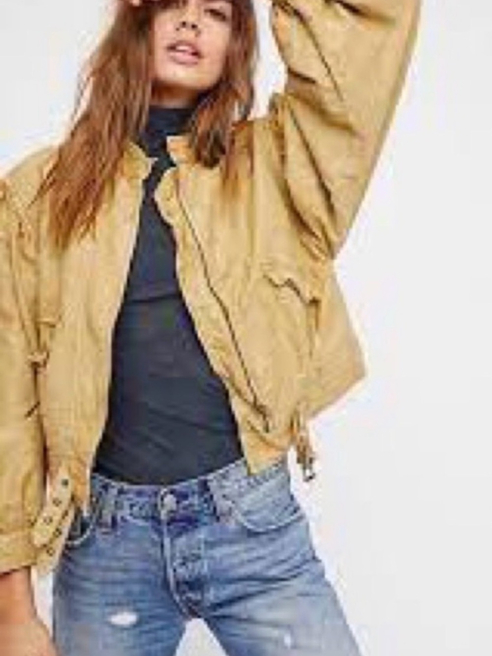 Free People Poet Puff Sleeve Khaki Bomber Jacket Large
